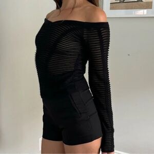 NWOT NBD Black Ribbed Mesh Off-Shoulder V-Neck Sweater